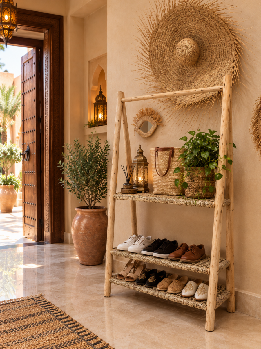 Étagère à chaussures artisanale en bois et fibres naturelles avec rangement pour accessoires, idéale pour l’entrée d’une villa marocaine.
