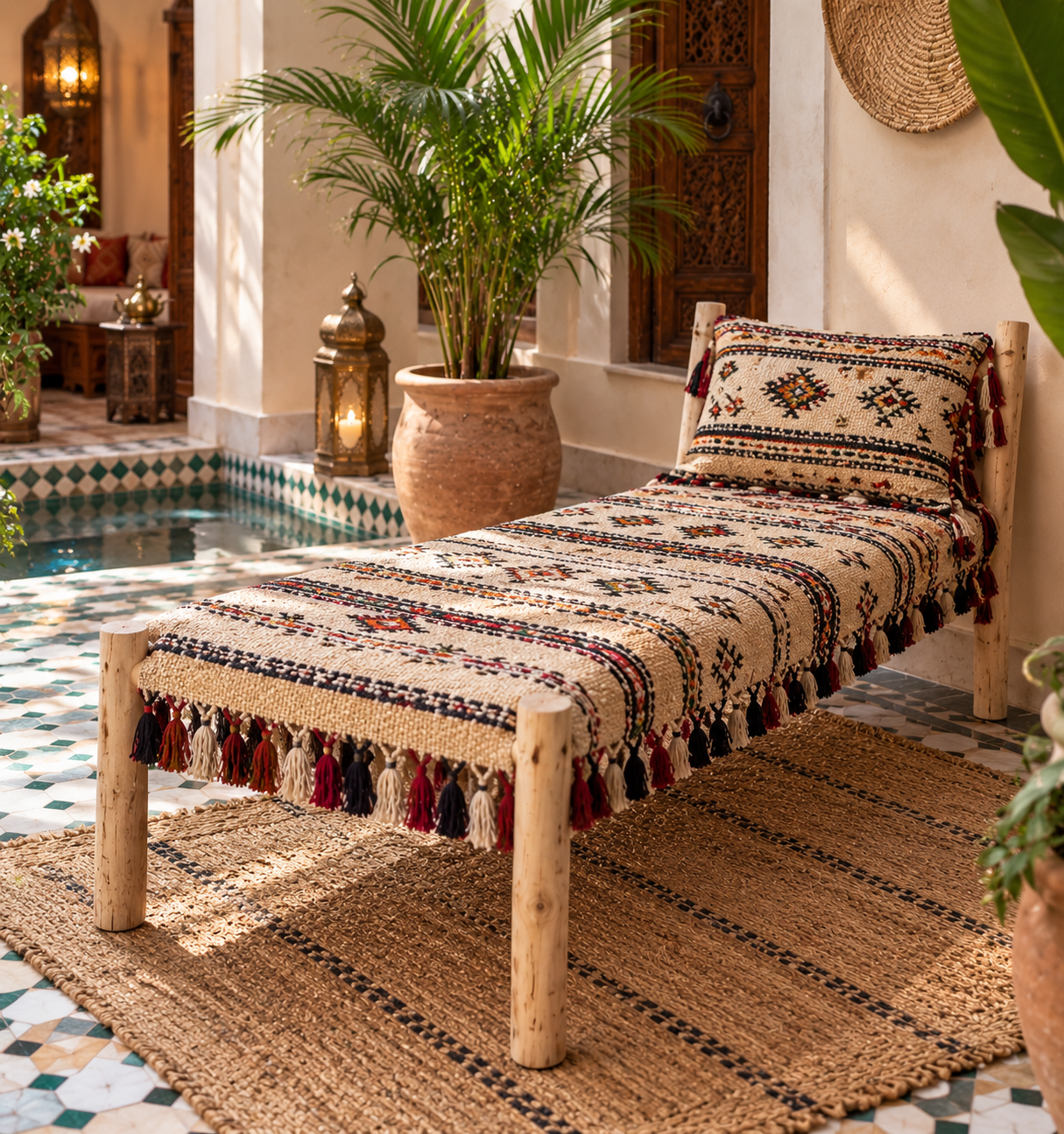 Méridienne artisanale en bois, décorée d’un tapis berbère traditionnel, dans un riad marocain authentique.