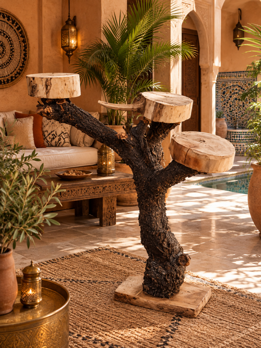 Décoration traditionnelle marocaine beldi, avec le tronc en bois placé près de la piscine, accompagné de meubles artisanaux traditionnels et d’une ambiance chaleureuse et authentique. »