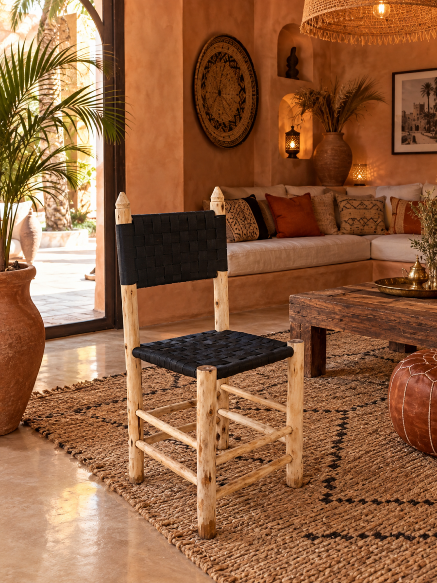Chaise Artisanale en Bois Brut et Tressage Noir – Style Bobo Marrakech