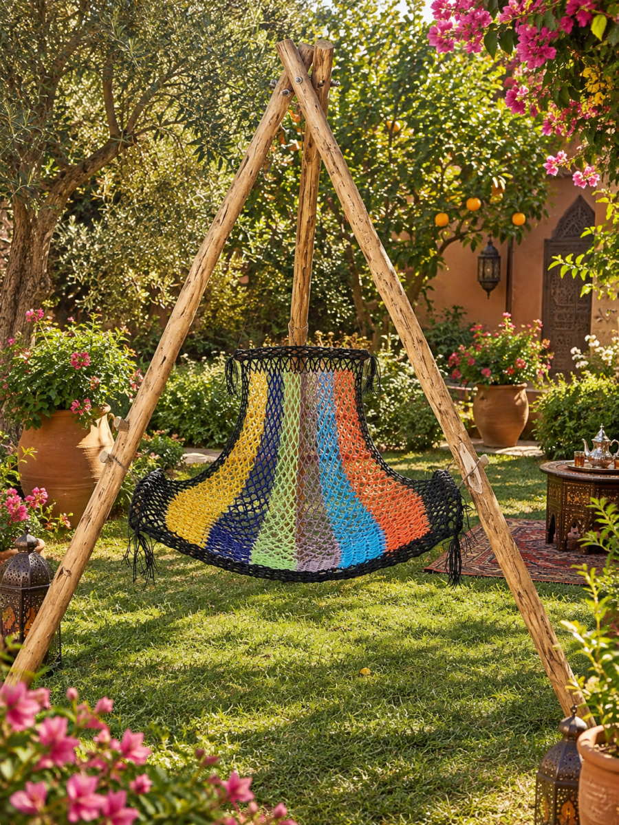 Fauteuil suspendu marocain dans un jardin traditionnel