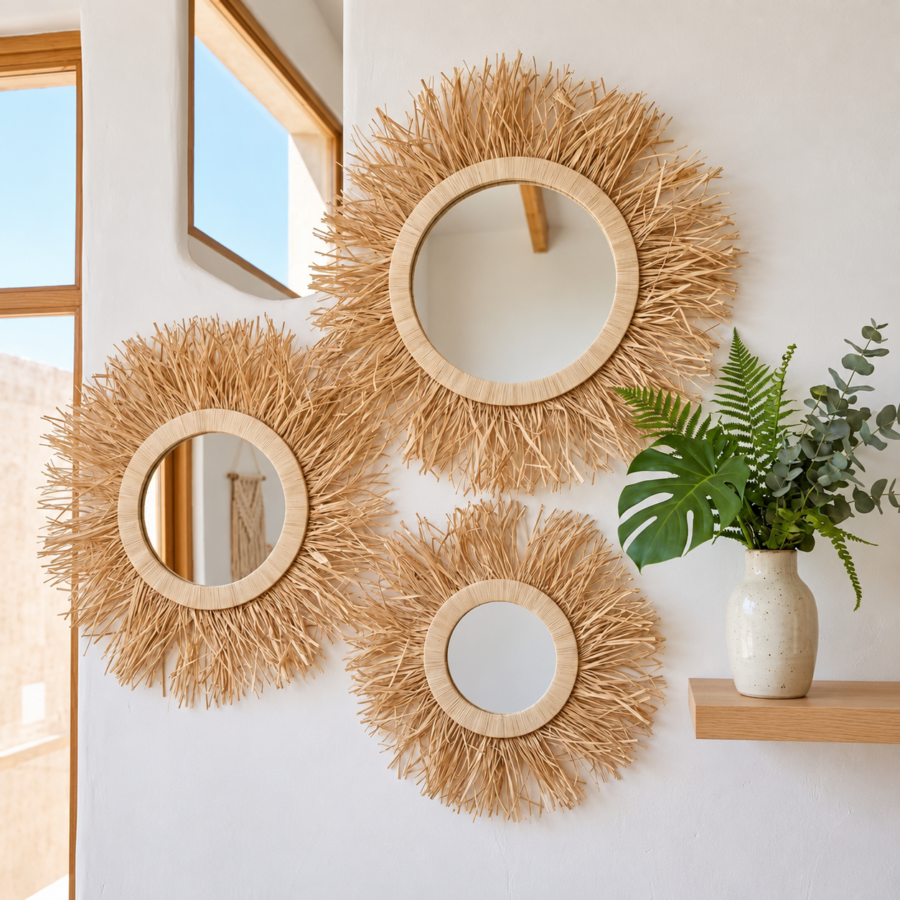 Miroirs muraux en raphia naturel – Décoration bohème chic