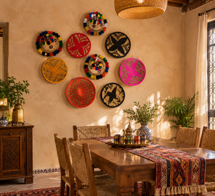 Décoration murale marocaine artisanale en paniers tressés coloré