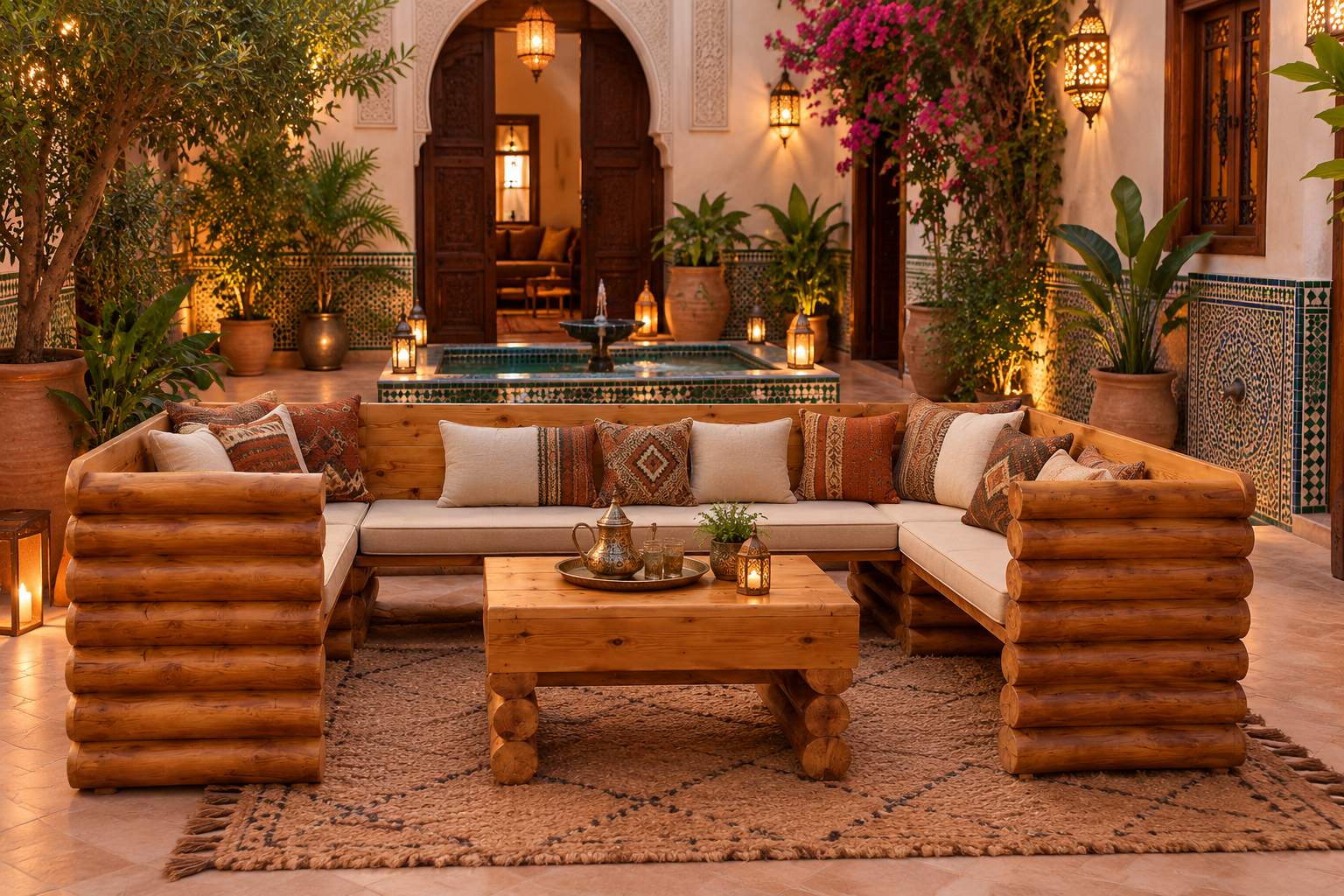 Salon marocain traditionnel en bois avec vue panoramique sur les montagnes – Image 2